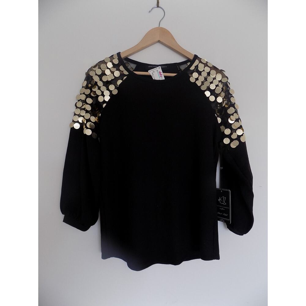 Love For Humanity Couture black knit top gold discs size Medium NWT